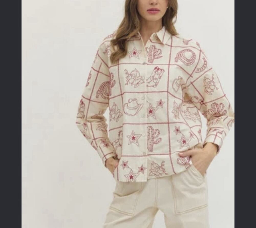 Raisonnel Western Icon Shirt Red Embroidered Cream Cowgirl Cropped M
